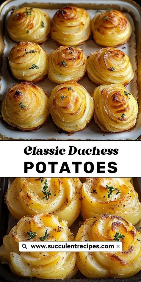 These Perfect Duchess Potatoes are a luxurious, flavorful side dish that’s easy to make and adds a touch of elegance to your holiday or dinner party table. Elegant Dinner Side Dishes, Dinner Recipes Fancy Delicious, Cheesy Garlic Duchess Potatoes, Easy Duchess Potatoes, Potato Side Dishes Make Ahead, Dinner Party Potato Recipes, New Years Dinner Side Dishes, Dinner Party Side Dishes Elegant, Fancy Christmas Dinner Sides