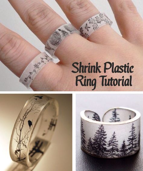 Black Shrink Plastic Ideas, Diy Shrink Plastic How To Make, Plastic Rings Diy, Things To Make With Shrink Paper, Shrink Paper Jewelry, Shrink Film Jewelry, Plastic Shrink Diy, Shrink Plastic Jewelry Patterns, Shrink Sheets Ideas