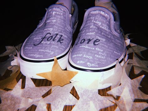 Shoe Painting Ideas Vans, Cardigan By Taylor Swift, Taylor Swift Shoes, Folklore Album, Lyrics On Canvas, Taylor Swift Concert, Custom Vans, Shoe Art, Your Shoes