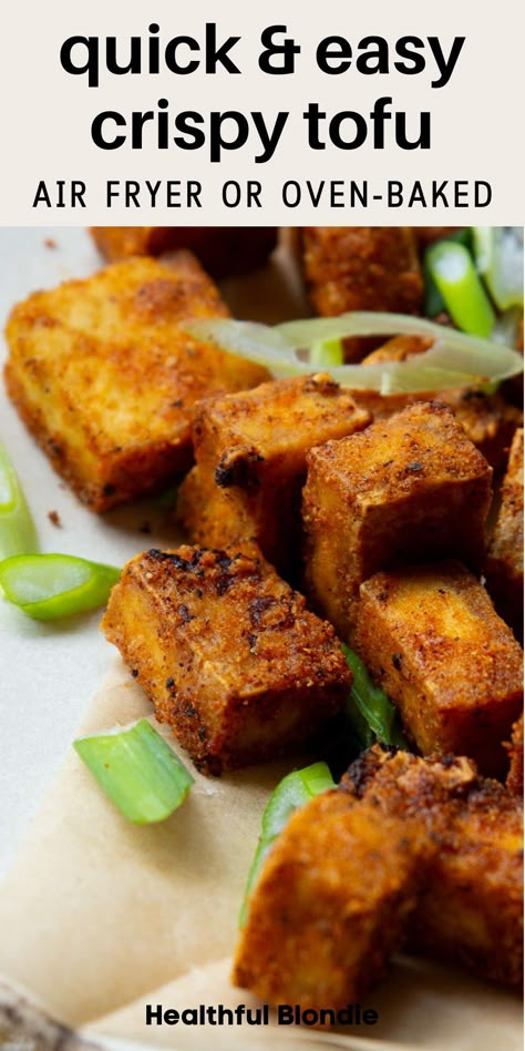 This easy and super crispy air fryer tofu recipe is made with just 6 simple ingredients! This foolproof recipe is ready in under 15 minutes, and can be air-fried or oven-baked. It's a healthy, high-protein option perfect for a meatless dinner, lunch, meal prep, or as a nutritious vegan addition to salads. Easy Beginner Tofu Recipes, Airfryer Tofu Easy, Crispy Fried Tofu Air Fryer, Air Fry Crispy Tofu, Best Air Fryer Tofu, Tofu Air Fryer Recipes Healthy, Tofu Recipes Low Sodium, Oven Fried Tofu, Tofu Toddler Recipes