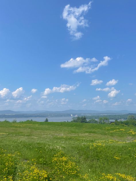 cottagecore field grass yellow flowers blue sky clouds mountains river rural countryside landscape summer spring windy nature Spring Sky Aesthetic, Spring Grass Aesthetic, Windy Grass Field, Blue Sky Green Grass Aesthetic, Grassy Field Aesthetic, Grass Field Aesthetic, Cottagecore Field, Field Scenery, Grass Land