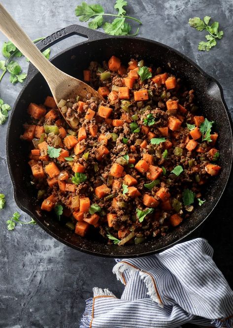 This Whole 30 approved and Gluten-Free Ground Beef and Sweet Potato hash is one of our favorite breakfasts, especially during the week. I like prepping a big batch of it at the beginning of the week, and it makes for the easiest breakfasts or lunches. You can eat it as is or pair with avocado,...Read More » Ground Lamb And Sweet Potato Recipes, Healthy Ground Beef And Sweet Potato Recipes, Sweet Potato Ground Beef Bowl, Sweet Potato And Beef Recipes, Ground Beef With Sweet Potatoes, Beef And Sweet Potato Recipes, Ground Beef And Sweet Potato Recipes, Cyclical Eating, Ground Beef Sweet Potato Skillet