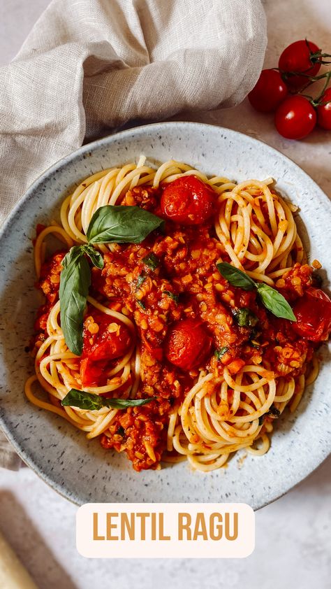 Overhead view, white spaghetti topped with red split lentil ragu bolognese, burst red cherry tomatoes and fresh green basil leaves. Lentil Ragu Recipe, Dinner Recipe Vegetarian, Lentil Ragu, Tomato Lentils, Red Split Lentils, Autumn Dinner, Fall Dinners, Ragu Recipe, Hearty Dinner Recipes