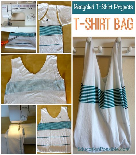 Recycled T-Shirt Projects for Kids: T-Shirt Bag - Education Possible Diy Clothes Storage, Diy Clothes Refashion, T Shirt Bag, Diy Clothes Videos, Upcycle Shirt, Thrift Store Crafts, Recycled T Shirts, Tshirt Bag, Diy Recycle