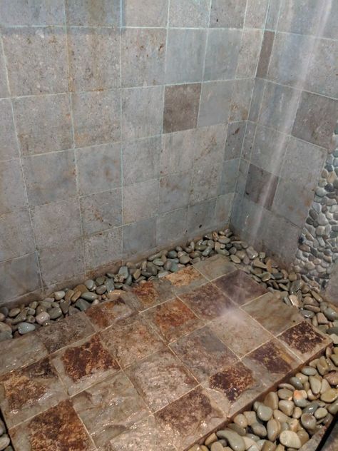 Tiled Shower Ideas Pebble Floor, Rock Tiles Bathroom, Natural Stone Shower Floor, Riverstone Shower Floor, Rock Floor Bathroom, Rock Tile Bathroom Showers, River Stone Shower Floor, Shower Stone Floor, Pebble Stone Shower Floor