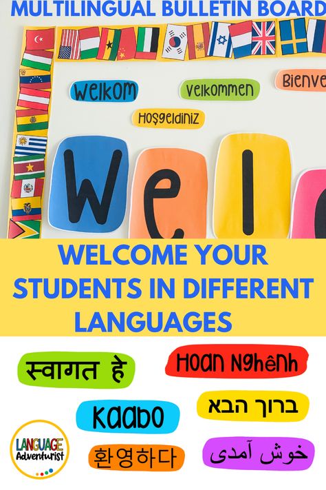 Why Your Classroom Needs a Welcome Multilingual Bulletin Board is explained in this blog post. You will find colorful Welcome bulletin boards decor ideas. It has 20 different languages and 22 flags is a great way to teach your students about languages and to welcome all cultures. The printable includes all the letters and welcome signs in 20 different languages, 22 flags, and a student activity worksheet is the perfect way to welcome students back to school. Welcome Different Languages Wall, Hello Bulletin Board, Multicultural Bulletin Board Ideas, Welcome In Different Languages Bulletin Board, Esl Bulletin Board Ideas Elementary, Ell Classroom Ideas Bulletin Boards, Multilingual Bulletin Board, Hello In Different Languages Printable, Ell Bulletin Board Ideas