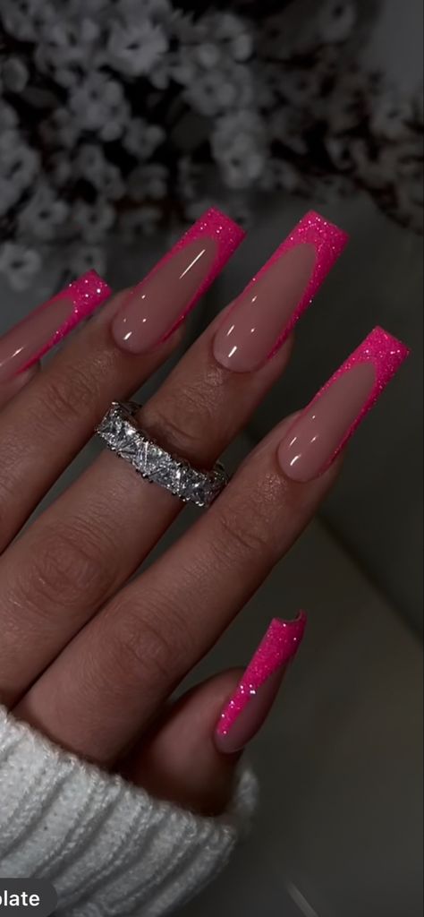 Royal Pink Nails, Cute Sweet 16 Nails, Hot Pink Coffin French Tip, Pink Nails French Tip Coffin, Pink Hoco Nails Acrylic, Hot Pink Nails Medium Length, French Pink Glitter Nails, Nails For A Hot Pink Dress, Hot Pink Nails For Hoco