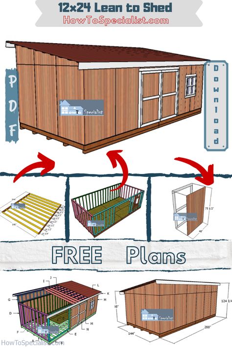 12×24 Lean to Shed Plans – PDF Download | HowToSpecialist 12 X 16 Lean To Shed Plans, 12x16 Lean To Shed Plans, Candy Shack, Diy Sheds, Small Shed Plans, Diy Storage Shed Plans, Shed Floor Plans, Shed Plans 12x16, House Improvement