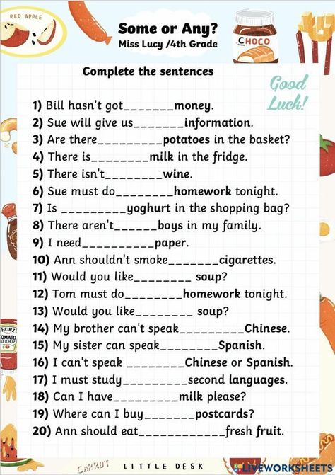 This is a fun activity to practice using some or any. Some Any, Esl Grammar, English Activities For Kids, Personal Pronouns, English Exercises, Teaching English Online, English Test, English Worksheets For Kids, English Teaching