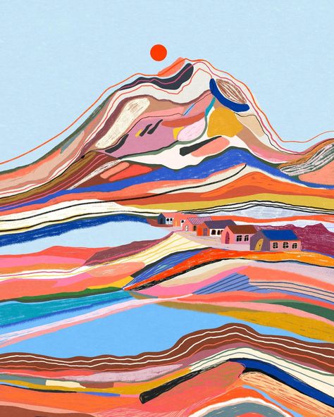 One of your beloved illustrations: Lofoten Islands! This is such a colorful, playful and happy artwork! Inspired by this arctic paradise in Norway where the mountains stand tall and mighty and the clear waters of the Norwegian Sea hug the rocky shores ❤️ This illustration is not only available as print on my webshop but, for a limited time, it’s also part of my collaboration with @rabbitair , a beautiful and innovative air purifier! Totally worth to check it out 🙂 #lofoten #lofotenislan... Happy Artwork, Boho Background, Modern Landscape Painting, Lofoten Islands, Pastel Poster, Mountain Illustration, Into The West, Abstract Art For Sale, At The Sea