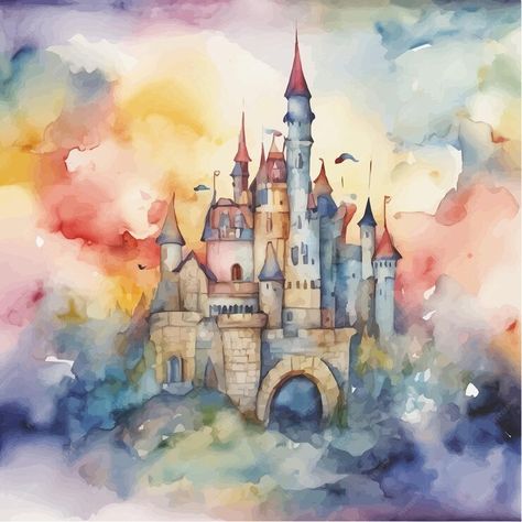 Premium Vector | A painting of a castle with a castle on the top Fantasy Castle Painting, Kingdom Illustration, Arts Project, Castle Painting, Logo Psd, Technology Icon, Fantasy Castle, A Castle, Card Banner