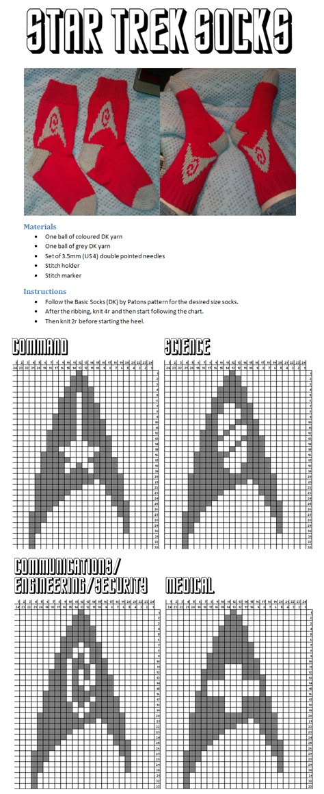 Star Trek Cross Stitch, Nerd Crafts, Geek Crafts, Hand Knit Socks, My Star, Socks Pattern, Crochet Stars, Sock Patterns, Cross Stitch Patterns Free