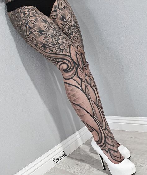 Womens Full Leg Tattoo, Giger Tattoo, Thigh Sleeve Tattoo, 108 Tattoo, Symmetrical Tattoos, Full Leg Tattoo, Gengar Tattoo, Calf Tattoo Ideas, Sleeve Filler