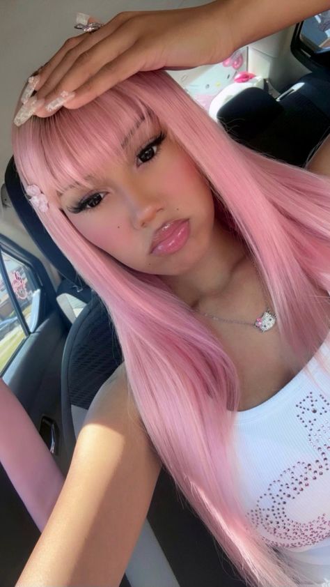 Light Pink Hair Black Women, Light Pink Short Hair, Pink Bangs, Pink Wig With Bangs, Pale Pink Hair, Pink Short Hair, Coquette Black, Pink And Black Hair, Color Hairstyles