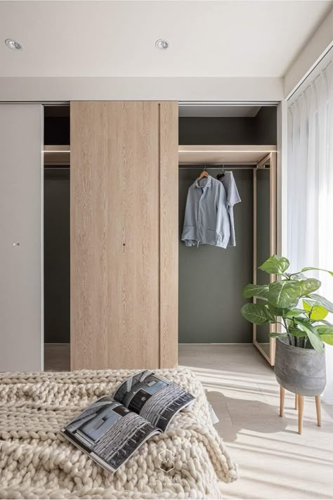 Japandi Closet Doors, Japanese Walk In Closet, Muji Closet, Muji Wardrobe, Japandi Closet, Japandi Wardrobe, Scandinavian Closet, Muji Home, Japanese Bedroom