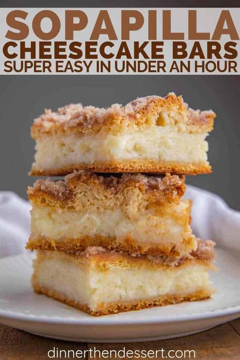 Sopapilla Cheesecake Bars are a quick and easy cheesecake dessert recipe with just six ingredients you can make in less than an hour that taste like a churro cheesecake! #cheesecake #sopapilla #mexicanfood #mexicandesserts #churro #dessert #dinnerthendessert Cheesecake Sopapilla, Quick And Easy Cheesecake, Easy Sopapilla Cheesecake, Churro Dessert, Thanksgiving Cheesecake, Sopapilla Cheesecake Bars, Spicy Hot Chocolate, Cheesecake Desserts Recipes, Sopapilla Cheesecake