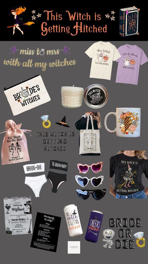 A collection of Halloween-themed bachelorette party products with a 'This Witch is Getting Hitched' theme, including costumes, decorations, and games for a spooky and fun celebration. Double Double Toil And Trouble, Getting Hitched, Toil And Trouble, Halloween Theme, Bachelorette Party, Witch