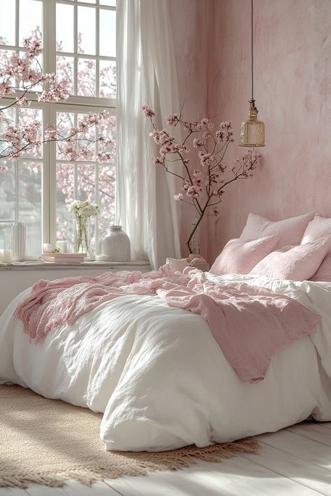 Transform your bedroom into a cozy retreat with these 27 white and pink bedroom ideas. Explore soft textures, warm lighting, and comfortable furniture to create a space that's perfect for relaxing and unwinding. Discover white and pink bedroom ideas that are both stylish and inviting. Pink And White Bedsheets, Beautiful Pink Bedrooms, Bedroom White Furniture Color Schemes, French Chic Bedroom Ideas, Small Room Ideas Pink, Pale Pink Bedroom Ideas, Bedding Ideas Pink, White Pink Bedroom Ideas, Earthy Pink Bedroom