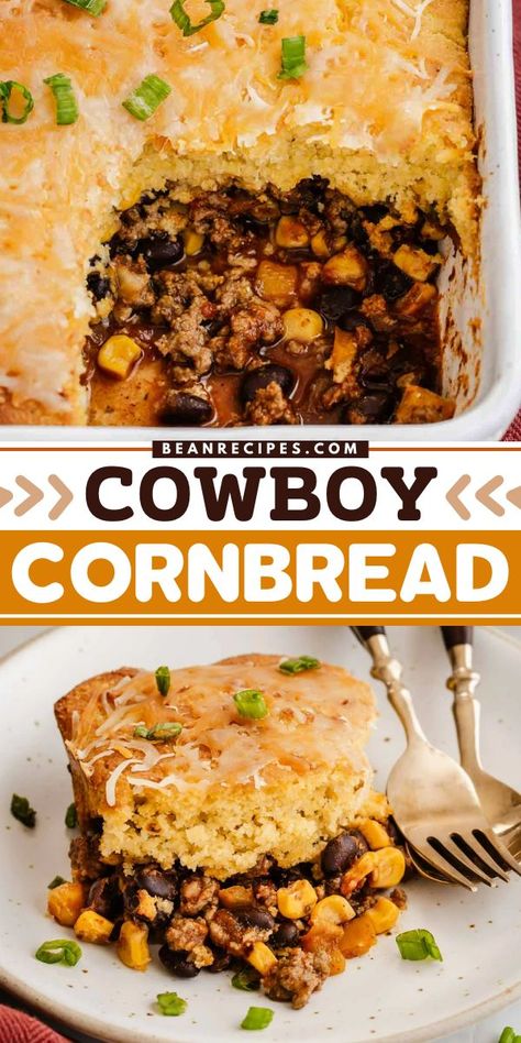 This Chili Cornbread Casserole, also sometimes called cowboy cornbread casserole, has a chili-spiced ground beef, black bean and corn filling with a soft cornbread topping. I also have clear instructions for a vegetarian and vegan versions worked out for you, too! Soft Cornbread, Casserole With Black Beans, Cowboy Cornbread Casserole, Cornbread Topping, Easy Bean Recipes, Chili Cornbread Casserole, Cowboy Cornbread, Vegan Bean Recipes, Chili Cornbread