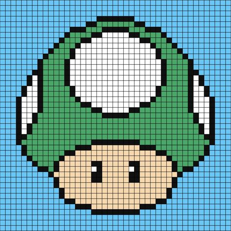 A medium to large pixel art template of the green mushroom from Mario the video game series, also known as the One Up mushroom.

Originally by _laura28_. but red Green Pixel Art, Mario Grid Pattern, Mario Tapestry Crochet, Mario C2c Crochet Pattern, Mario Mushroom Pixel Art, 1 Up Mushroom, C2c Mario Crochet Blanket, Mario Video Game, Graphing Worksheets