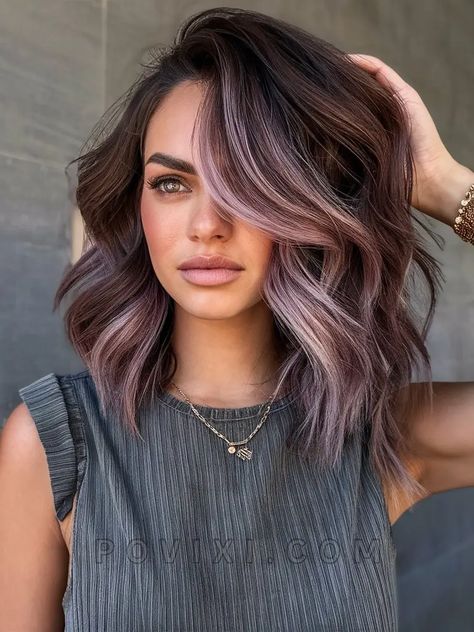 Muted Hair Color For Brunettes, Purple Fall Hair Color, Brunette With Purple Peekaboo, Mauve Chocolate Hair, Dark Brown Hair With Violet Highlights, Creative Color Hair Inspiration, Dark Purple Lowlights In Brown Hair, Winter Hair Ideas For Brunettes, Hair With Pops Of Color