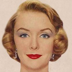 A typical 1950s makeup - neutral base, red lips, strong brows, upper eye liner and mascara, soft grey-blue shadow taken out to the sides 1950s Make Up, 1950’s Makeup, 1950 Makeup, 50s Hair And Makeup, 1950s Hair And Makeup, 1950’s Hair, 1950s Makeup, 50s Makeup, 1950s Hairstyles