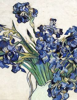 "Irises", by Vincent van Gogh, 1890.The delicate horizontal, fine lines creates a calm, elegant painting. The curves of the petals, make the painting seem lighthearted. Van Gogh Flowers, فنسنت فان جوخ, Artist Van Gogh, Michael Angelo, Van Gogh Irises, Arte Van Gogh, Flowers In A Vase, Van Gogh Museum, Art Van