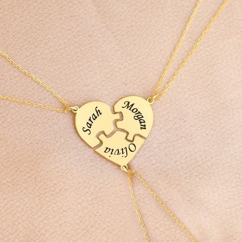 Gold Three Piece Best Friend Puzzle Necklace, BFF Gift, Matching Heart Jewelry, Silver Three Sisters Necklace, Trio Gifts How To Order : 1- Make your selections primary color and chain size. 2- Write the name or text you want in the personalization note. 3- You can see the font chart in the last photo. * This necklace is case sensitive You can change the chain model for this product by buying an extra chain from the link below; https://www.etsy.com/shop/DkmnSilverAndGold?ref=seller-platform-mcna Trio Necklace Bff, Bff Necklaces For Three, Friendship Necklaces For 3 Friends, Three Bff, Font Chart, Best Friend Hoodies, Puzzle Necklace, Sisters Necklace, Trio Necklace