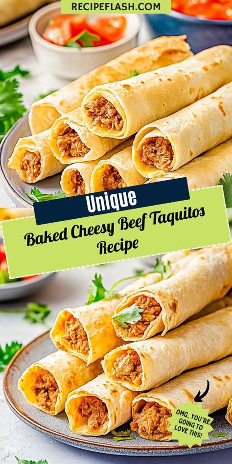 Who doesn’t love a crispy, cheesy treat? This Baked Cheesy Beef Taquitos Recipe brings together savory ground beef and melty cheese for a delicious snack or meal. Save this recipe for your next family gathering or game day celebration for a guaranteed crowd-pleaser! Perfect for all your ground beef cravings. Ground Beef Snacks Appetizers, Game Day Ground Beef Recipes, Taco Roll Ups Tortilla Ground Beef, Ground Beef Finger Food, Steak Totchos, Ground Beef And Tortilla Recipes, Hamburger Meat Recipes For Dinner, Beef Taquitos Recipe, Ground Beef Taquitos