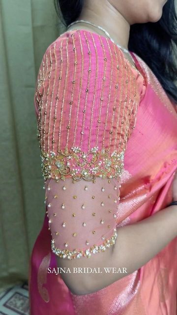 All Over Maggam Work Blouses, Simple Net Blouse Designs, Net Hands Blouse Designs, Trendy Maggam Work Blouse Designs, Maggam Work Net Blouse Designs, Net Work Blouse Designs, Blouse With Net Sleeves, Net Aari Work Blouse, Blause Desine Latest Back