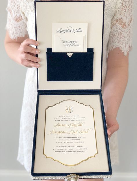 Velvet box Luxury wedding invitation by Southern Fried Paper #custominvitations #luxuryweddings Boxed Invitations, Boxed Wedding Invitations Luxury, Wedding Card Luxury, Luxurious Wedding Invitations, Invitation Packaging, Boxed Wedding Invitations, Wedding Invitation Box Ideas, Luxury Wedding Card, Wedding Invitations Luxury