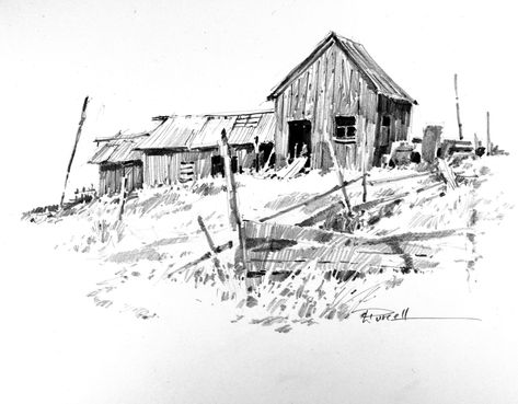 Carl Purcell Rustic Sketches, Notan Ideas, Barn Drawing, Easy Pencil Drawings, Landscape Pencil Drawings, Pencil Drawing Images, Nature Sketch, Architecture Sketchbook, Old Fences