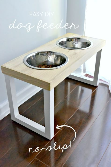 DIY dog station. This easy dog feeder can be used for larger dogs or made into a shorter version for small dogs. Best for keeping water and food off the floor from upturned bowls. #diypets #pets #dogdish #petfood #dogfood #diy #woodworking #freeplans #buildplans #modern #easydiy Diy Dog Feeder, Dog Station, Dog Food Station, Dogs Diy Projects, Dog Feeding Station, Dog Bowl Stand, Bowl Stand, Dog Diy, Pet Projects