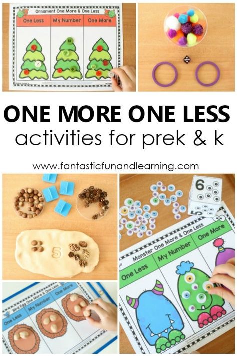 One More One Less Activities for Preschool and Kindergarten #preschool #math #kindergarten #numbersense One More One Less Activities, Imagine School, One More One Less, Math Kindergarten, Kindergarten Music, Math Centers Middle School, Montessori Math, Cool Science Experiments, School Things