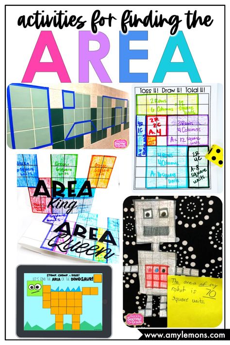 Make teaching students about finding the area more fun in the classroom with these five activities from Amy Lemons! These learning ideas include area robots, area crowns, area dinosaurs, and more! Your elementary students are going to love building their math skills with these fun, engaging activities! Finding The Area Of Shapes, Finding Area Activities, Area Games 3rd Grade, Area For 3rd Grade, Area Activities 2nd, Hands On Area Activities, Area Lesson 3rd Grade, Fun Area And Perimeter Activities, 3rd Grade Area Activities