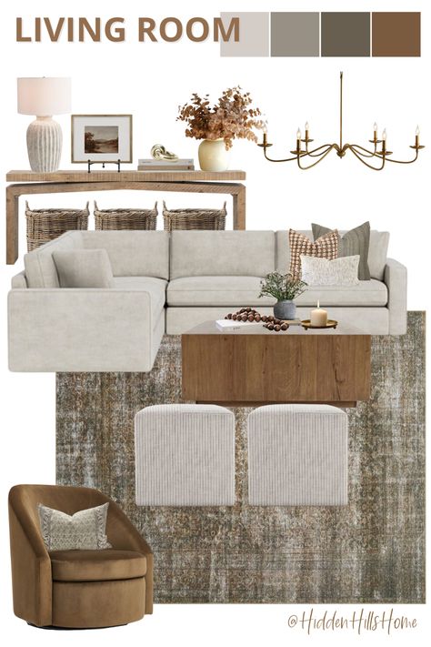 Cozy living room decor mood board with a sectional sofa! This living room design has warm and inviting tones Living Room With Light Grey Sectional, Grey Blue And Rust Living Room, Gray And Brown Family Room, Stone Sectional Living Room, Greys Browns Living Room, Long Living Room With Sectional, Apartment Decor Mood Board, Neutral Living Room Leather Couch, Gray Sofa Neutral Living Room