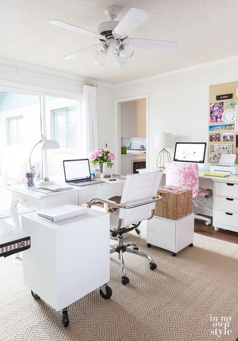 In My Own Style blog craft room tour Glam Sewing Room Ideas, Neutral Craft Room, Elegant Craft Room, Office Craft Room Combo Layout, Valspar Bistro White, Office And Craft Room Combined, Desk Crafts, Craft Room Ideas On A Budget, Craft Storage Cabinets