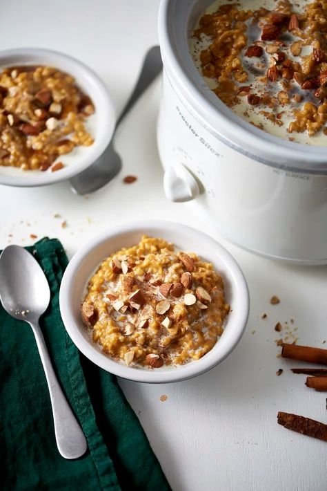 Slow Cooker Creamy Pumpkin Spice Oatmeal | The Kitchn Spice Oatmeal, Pumpkin Spice Oatmeal, Slow Cooker Oatmeal, Breakfast Recipies, Pumpkin Breakfast, Slow Cooker Pumpkin, Easy Oatmeal, Slow Cooker Vegetarian, Breakfast Sweets