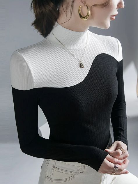 Urban Long Sleeve Color Block Stand Collar T-Shirt | stylewe Unique Tops For Women Fashion, Mode Tips, Collar T Shirt, Fashion Shirts, Color Block Top, Collar Tshirt, Long Sleeve Turtleneck, Casual Style Outfits, Looks Vintage