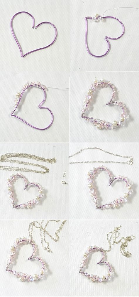 How to Make Purple Wire Wrapped Heart Pendant Necklace Wrap a heart with purple wire and wrap some crystal beads and pearl beads onto the heart, then you can get a pretty heart pendant necklace! Diy Heart Pendant, Diy Heart Necklace, Wire Wrapped Hearts, Heart Beads Tutorial, Heart Wire Wrap, Crystal Heart Pendant For Jewelry Making, Beaded Heart Pendant, Wire Hearts Diy, Wire Heart Pendant