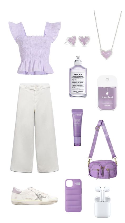 Purple outfit! <33 💜🤍 #purple #outfit #outfitinspo #ootd #purpleoutfit Light Lavender Outfit, Cool Purple Outfits, Purple Themed Outfits, Purple Purse Outfit, Purple And White Outfits, Purple Summer Outfits, Light Purple Outfit, Purple Aesthetic Outfit, Color Practice