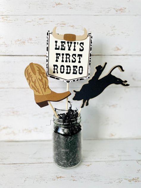 My 1st Rodeo Center Piece, Rodeo Centerpieces Cowboys, First Rodeo Birthday Party Centerpieces, My First Rodeo Birthday Table Decor, 1st Rodeo Table Centerpieces, Rodeo Mama Outfit, Cowboy Birthday Party Ideas Table Decorations Western Theme, Western First Birthday Centerpiece, Rodeo One Year Old Party