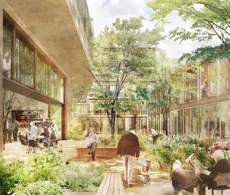 The inner courtyard of a complex of flats in south London, designed for over-75s. Old Peoples Home, Architecture Art Nouveau, St Monica, Co Housing, Urban Housing, Community Housing, Elderly Home, Green Architecture, Social Housing