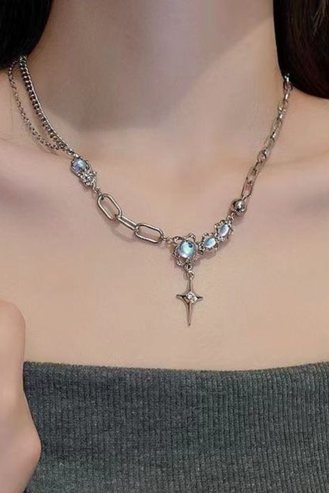 Star Opal Necklace, Y2K Chain Necklace, Streetwear Gothic Necklace, Grunge Necklace, Cyberpunk Jewelry, Punk Jewelry, Cool Girl Jewelry Cyberpunk Necklace, Cyberpunk Jewelry, Egirl Jewelry, Y2k Chain, Necklace Grunge, Grunge Necklace, Necklace Y2k, Aesthetic Goth, Goth Necklace