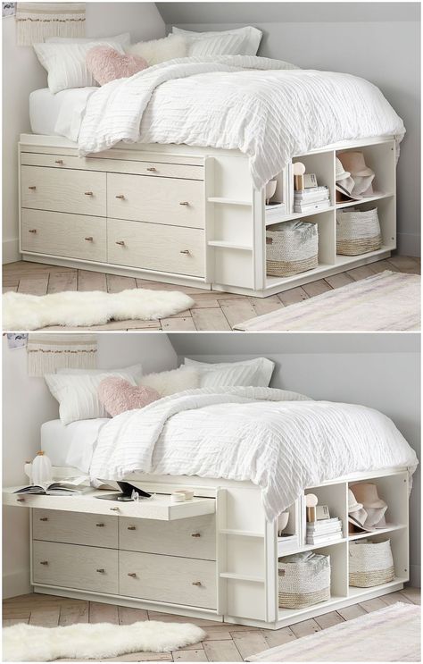 Girls Bed With Storage, Bedroom Layouts For Small Rooms, Tall Bed Frame, Full Bed With Storage, Bed Designs With Storage, Diy Storage Bed, Storage Bed Queen, Platform Bed With Drawers, Ideas Habitaciones