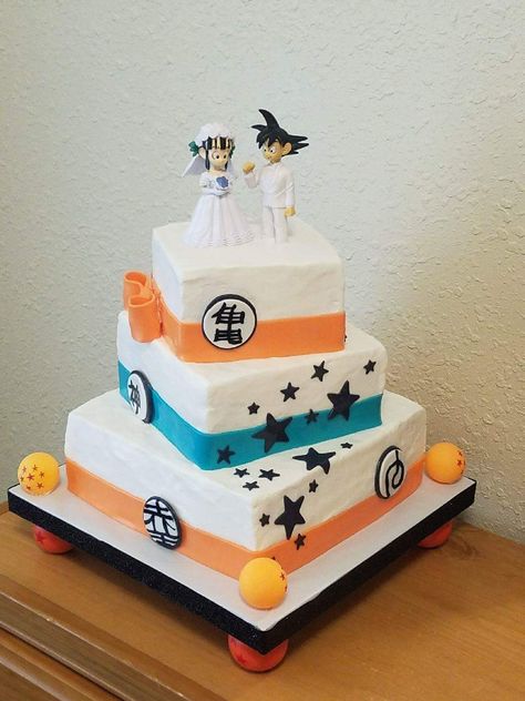 Dragon Ball Z Wedding Cake, Dragon Ball Z Wedding, Bolo Naruto, Spring Wedding Outfit, Goku And Chichi, Anime Cake, Anime Wedding, Geek Wedding, Wedding Cake Ideas