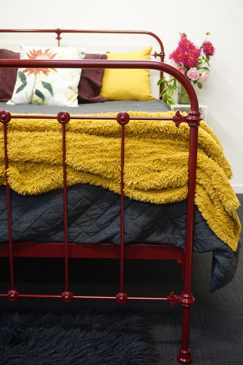 Red Bedframe Bedroom Ideas, Beds Victorian, Copper Bed Frame, Red Metal Bed Frame, Red Boho Bed, Maroon Iron Bed, Victorian Beds, Cast Iron Bed Frame, Metal Bed Frame Red