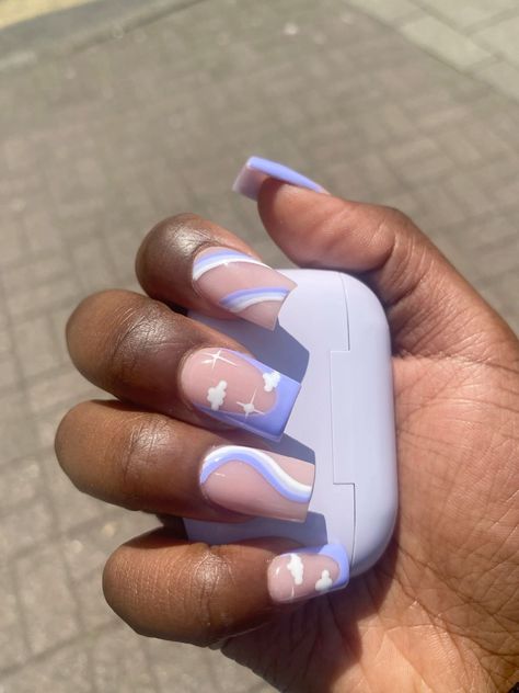 Cloud and sparkle themed nails with a lilac french tip and ombre swirls(I picked this look from a picture I saw on pinterest<3 Tagsnailsacrylicspurple nailswhite nailscute nailscloudssparklesnail inspo s://www.instagram.com/p/Cwpt-FrMKv2/utm_source=ig_web_copy_linkigshid=MzRlODBiNWFlZA== French Nails With Clouds, Blue Cloud French Tip Nails, Pink And White Cloud Nails, Light Blue Nails With Clouds, Lilac Cloud Nails, Blue Ombre Nails, Elegant Nail Art, Retro Nails, School Nails