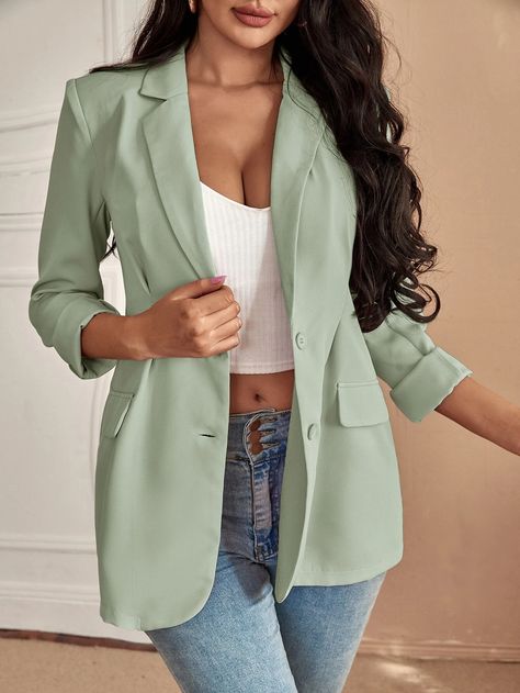 Lapel Neck Single Breasted Blazer | SHEIN Green Blazer Outfit, Green Outfits For Women, Mint Blazer, Mint Green Blazer, Blazer Verde, Blazer Outfits For Women, Trendy Business Casual, Single Breasted Blazer, Business Formal Dress