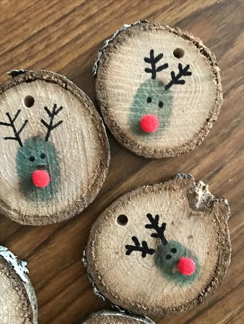 Reindeer On Wood Slice, Crafts From Wood Slices, Fingerprint Reindeer Ornament, Reindeer Fingerprint Ornament, Rudolph Wood Slice Ornament, Wood Ornament Crafts For Kids, Christmas Ornaments Using Wood Slices, Thumbprint Christmas Ornaments, Wooden Ornaments Diy Wood Slices Kids